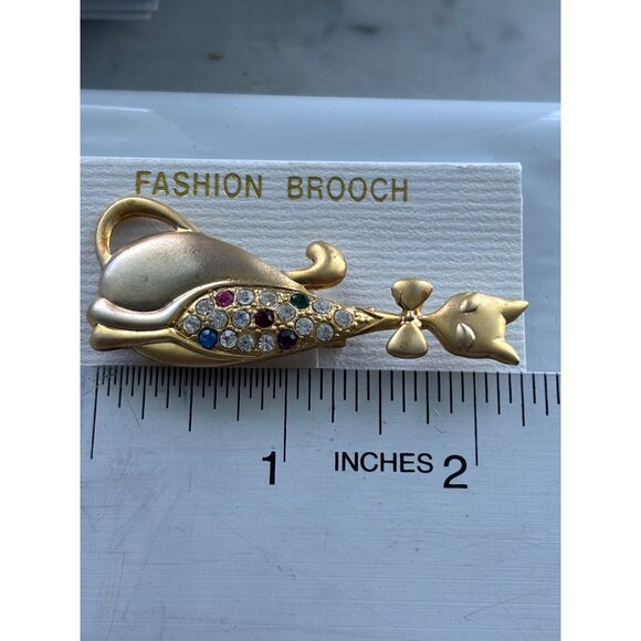 Cat Brooch With Multicolor Rhinestones Gold-Tone Metal Fashion Accessory Made In - Picture 4 of 4